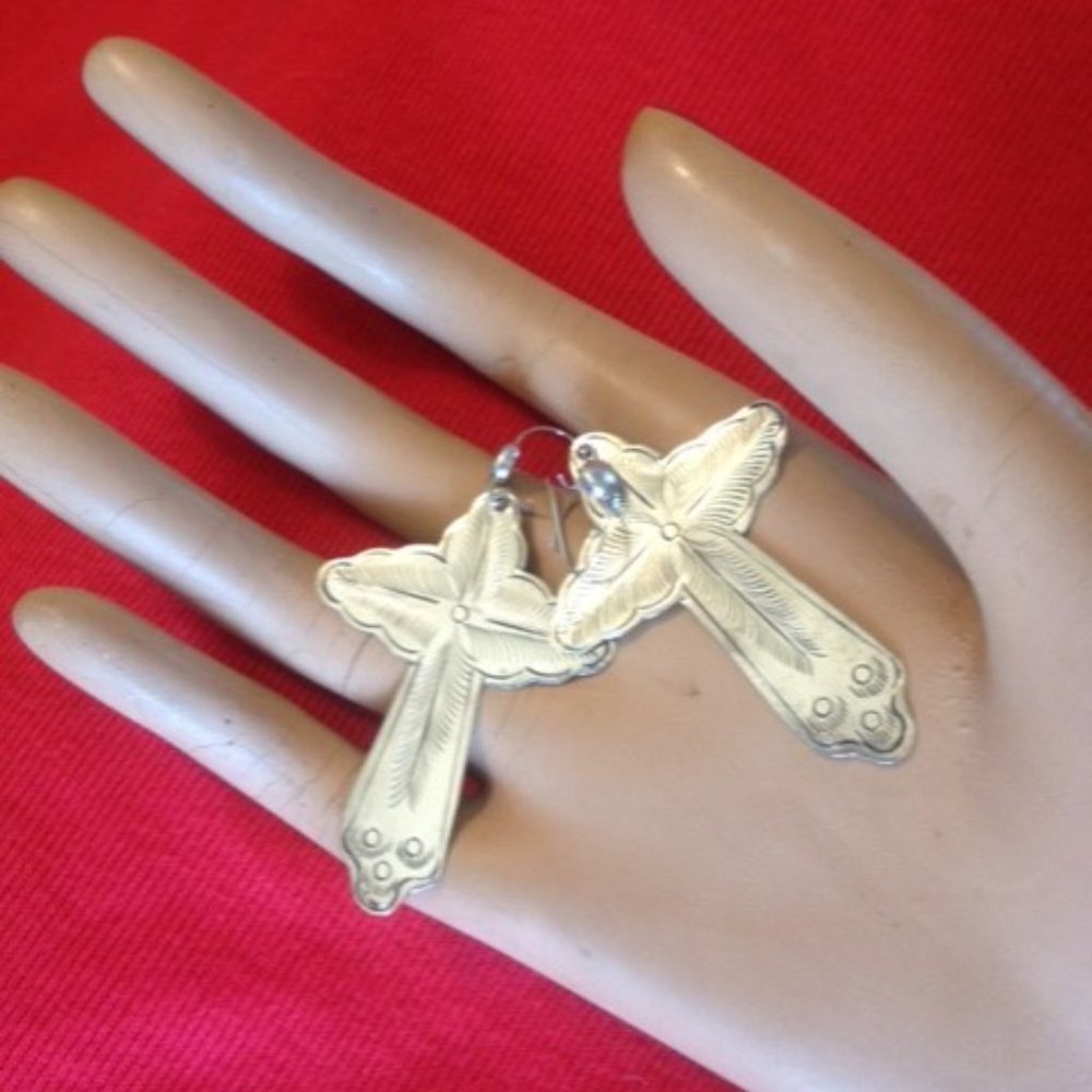 Silver Floral Cross Earrings